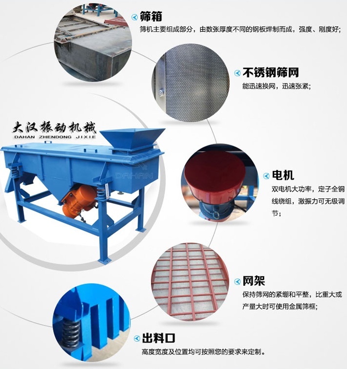 525型直線振動篩結(jié)構(gòu)細節(jié)：篩箱：篩機主要組成部分，由數(shù)張厚度不同的鋼板焊制而成，強度，剛度好。不銹鋼篩網(wǎng)：能速換網(wǎng)，迅速張緊。電機：雙電機大功率，定子全銅線繞組，激振力可無級調(diào)節(jié)。網(wǎng)架：保持篩網(wǎng)的緊繃和平整，比重大或產(chǎn)量大時可使用金屬篩框。出料口：高度寬度及位置均可按照您的要求定制。