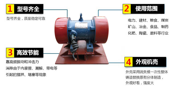 lzf倉壁振動器：1，型號齊全：型號齊全，質(zhì)量穩(wěn)定可靠。2，適用范圍：電力，建材，糧食，煤炭，礦山，冶金，食品，制藥，化肥，陶瓷，磨料等行業(yè)。3，高效：靠高頻振動和沖擊力消除由于內(nèi)摩擦，潮解，帶電等引起的塔供，堵塞等現(xiàn)象。4，外觀機殼：外殼采用消失模一次性整體鑄造替換原有分體制造，外觀好看，強度大。