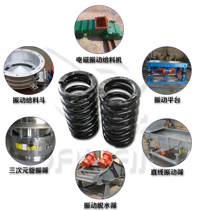 旋振篩減震彈簧適用產(chǎn)品：振動給料機，電磁振動給料機，振動平臺，直線振動篩，振動脫水篩，三次元旋振篩。