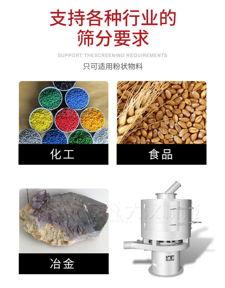 氣流篩用于礦粉，石墨粉，活性納米碳酸鈣，鋁灰，大豆粉，碳酸重鈣，石墨粉，木粉，干草，重金石粉，藥粉末，橡膠顆粒，草酸鹽，干料粉，木粉，聚酯粉，干粉，塑料，金屬粉末，橡膠粉，粉煤灰，石墨粉，陶瓷粉，鋅粉，石英粉，石灰粉，鐵粉，金屬硅粉等。