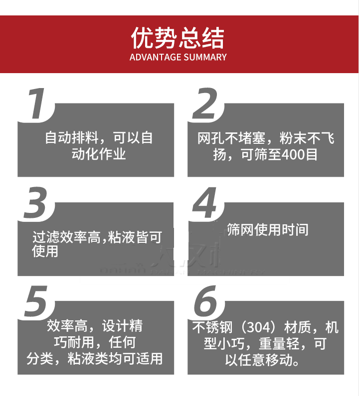 過濾篩優(yōu)勢總結(jié)：1，自動(dòng)排料，可以自動(dòng)化作用。2，網(wǎng)孔不堵塞，粉塵不飛揚(yáng)，可篩至400目。3，過濾效率高，任何粒，粉，粘液也可使用。4，篩網(wǎng)設(shè)計(jì)大大提高了篩網(wǎng)使用時(shí)間，也魏換網(wǎng)提高了方便。5，效率高，設(shè)計(jì)精巧耐用，任何分類設(shè)計(jì)精巧耐用，任何分類，粘液類均可適用。6，不銹鋼材質(zhì)機(jī)型小巧，重量輕，可以任意移動(dòng)。