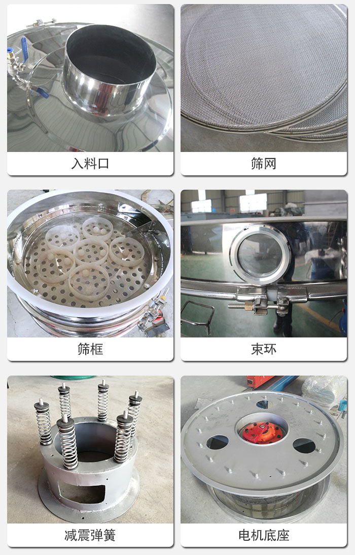 醫(yī)藥振動(dòng)篩有電機(jī)底座，減震彈簧，束環(huán)，篩框，入料口，篩網(wǎng)等部件展示。