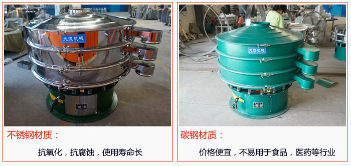 800型振動篩有不銹鋼和碳鋼兩種材質(zhì)，不銹鋼材質(zhì)：抗氧化，抗腐蝕，使用壽命長 碳鋼材質(zhì)：價格便宜，不易篩分食品，化工，醫(yī)藥等行業(yè)的物料。