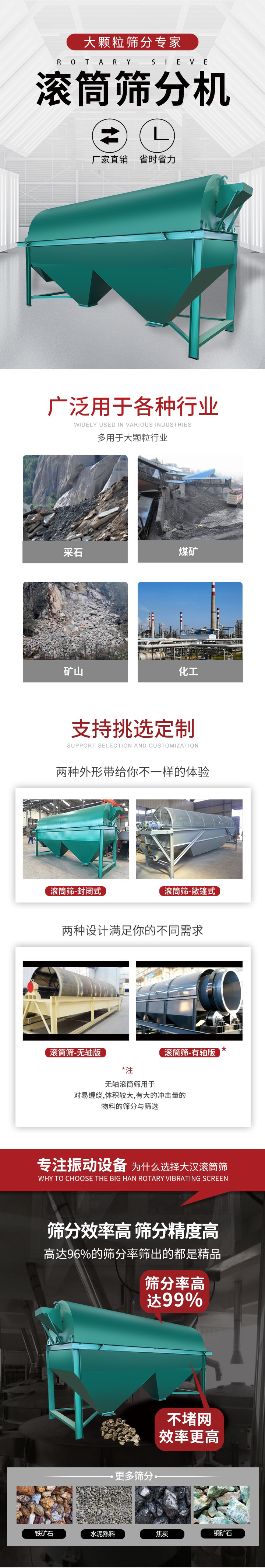 滾筒篩分機(jī)大顆粒篩分專(zhuān)家：廠(chǎng)家直銷(xiāo)，省時(shí)省力。滾筒篩被廣泛應(yīng)用各種行業(yè)：多用于大顆粒行業(yè)例如：采石，煤礦，礦山，化工等。滾筒篩定制類(lèi)型有哪些：封閉式與敞篷式產(chǎn)品結(jié)構(gòu)分為：無(wú)軸式，有軸式兩種，無(wú)軸滾筒篩用于對(duì)纏繞，體積較大，有大的沖擊量的物料的篩分與篩選。滾筒篩篩分效率高篩分精度能夠達(dá)到：96%也比較適用于鐵礦石，水泥熟料，焦炭，銅礦石。滾筒篩特點(diǎn)：不飛粉末：密封隔離罩，密封性好，工作過(guò)程不會(huì)出現(xiàn)飛粉現(xiàn)象。外型尺寸是按筒體長(zhǎng)計(jì)