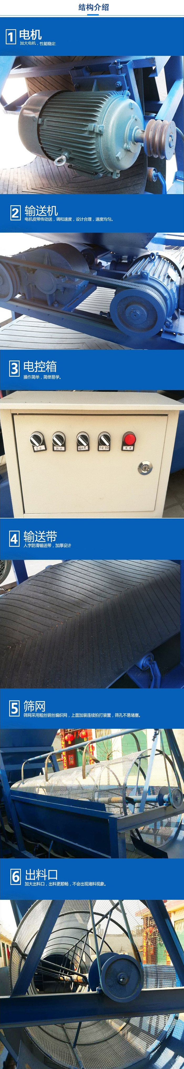 移動篩沙機結(jié)構(gòu):電機，加大電機，性能相對比較穩(wěn)定。輸送機：電機皮帶傳動送，調(diào)和速度，設(shè)計合理，速度均勻。電控箱：操作簡單，簡便易學(xué)。輸送帶：人字防滑輸送帶，加厚設(shè)計。篩網(wǎng)，采用粗絲鋼絲編織而成的篩網(wǎng)，上面加裝連續(xù)拍打裝置，篩孔不易堵塞。出料口：加大出料口，出料更順暢，不會出現(xiàn)堵料現(xiàn)象。