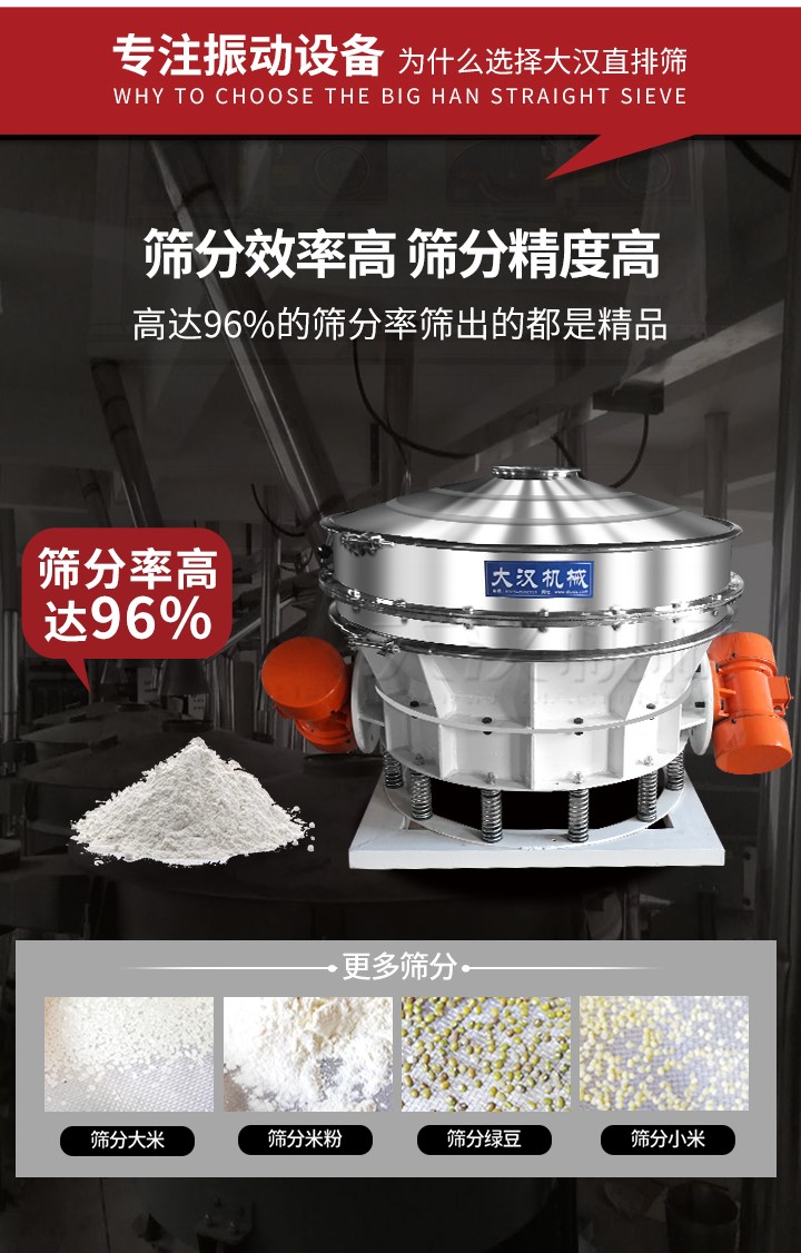 直排篩適用物料有面粉，淀粉，洗衣粉，金屬粉，添加劑，化工，非礦等行業(yè)。