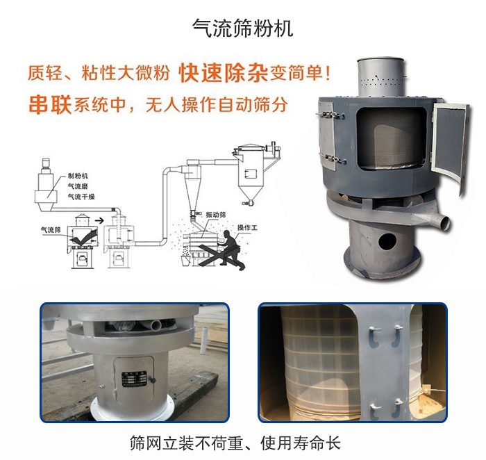 氣流篩粉機(jī)適用：質(zhì)輕，粘性大微粉采用串聯(lián)系統(tǒng)重，無(wú)人操作自動(dòng)篩分 特點(diǎn)：篩網(wǎng)立裝不負(fù)重，使用壽命長(zhǎng)。