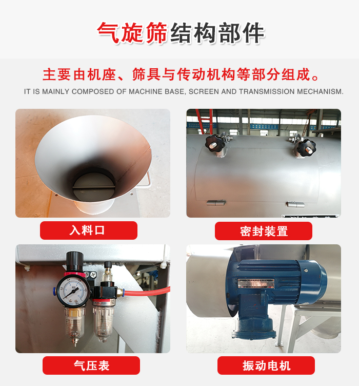 氣旋篩結(jié)構(gòu)：入料口，密封裝置，電機(jī)，氣壓表等