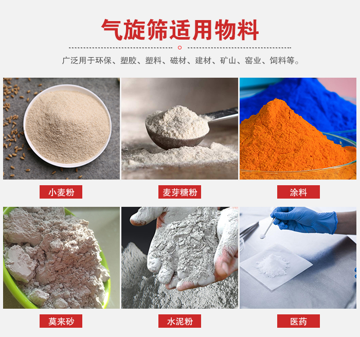 氣旋篩適用物料：小麥粉，麥芽糖粉，涂料，等粉狀物料。