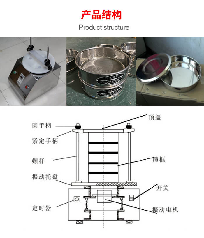 實(shí)驗(yàn)室振動(dòng)篩-試驗(yàn)篩結(jié)構(gòu)主要由：圓手柄，緊定手柄，螺桿，振動(dòng)托盤，篩框，頂蓋等。